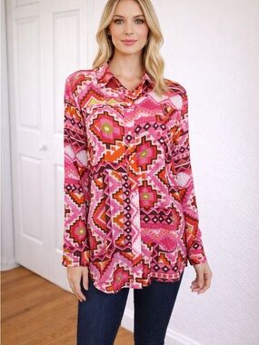 JONES NEW YORK Blouse Size XL Multi Color Long Sleeves 100% Polyester Shirt Top